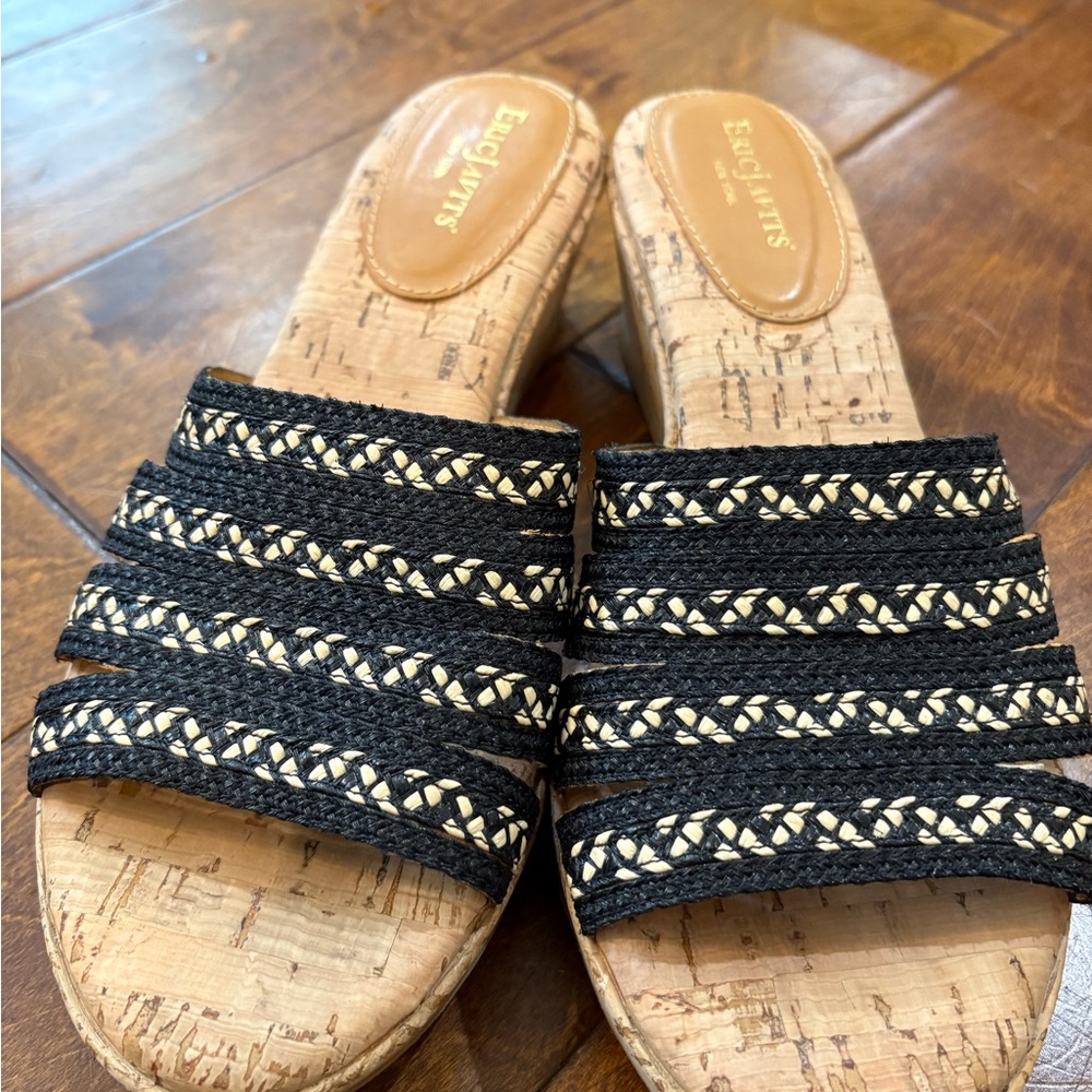 Eric Javits Black and Natural Cork Slide Sandals